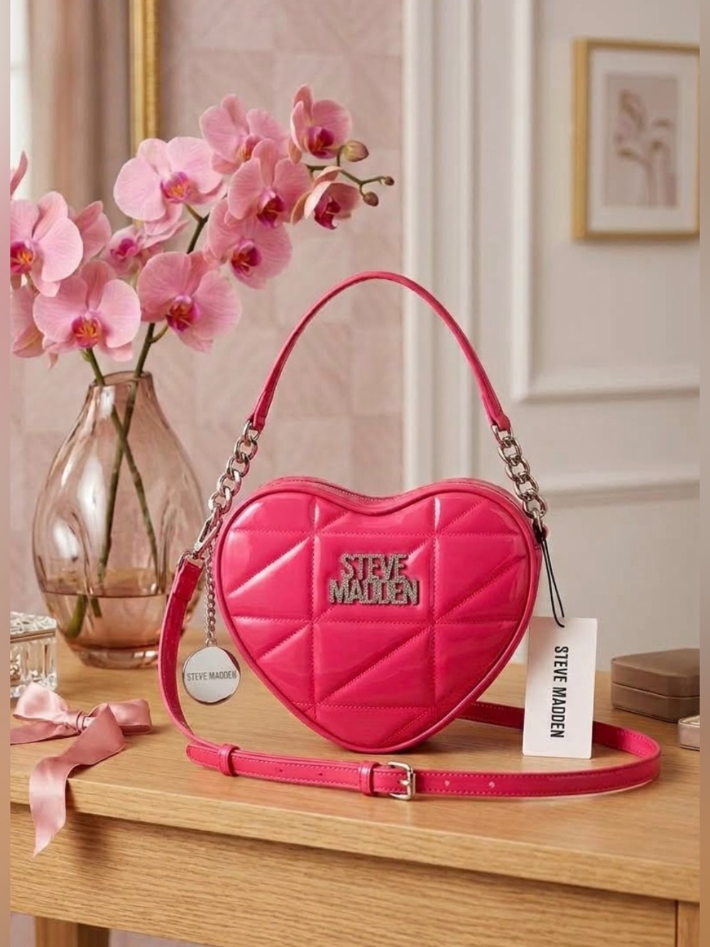 Steve Madden Hot Pink Quilted Heart Crossbody Bag